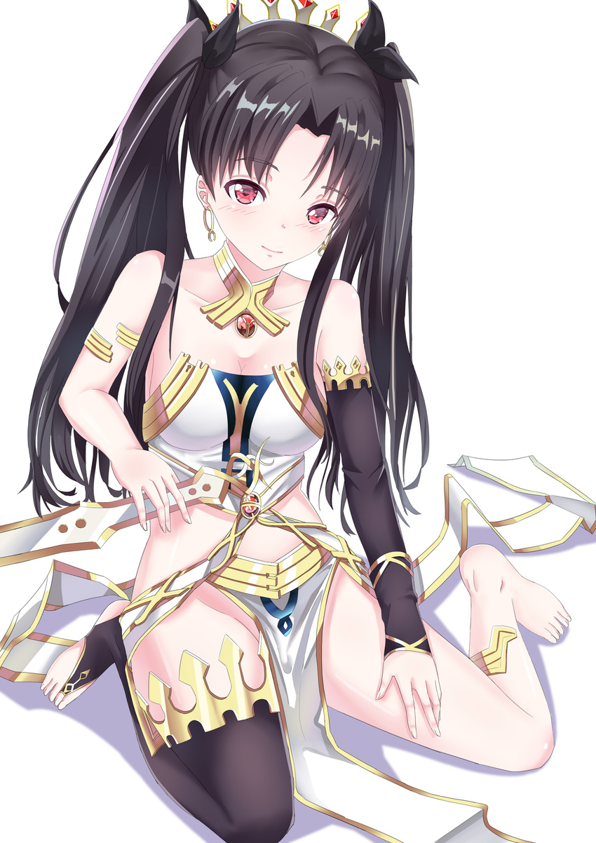 absurdres bare_shoulders barefoot black_hair blush breasts cleavage crown fate/grand_order fate_(series) gatari groin highres ishtar_(fate/grand_order) long_hair long_legs looking_at_viewer medium_breasts pelvic_curtain red_eyes single_thighhigh sitting solo thighhighs thighs twintails wariza white_background