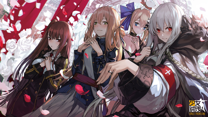 aiguillette blue_eyes blush bow brown_hair choker copyright_name fal_(girls_frontline) flower fur_trim girls_frontline green_eyes hair_bow hair_ribbon highres jewelry kar98k_(girls_frontline) long_hair m1903_springfield_(girls_frontline) multiple_girls official_art one_side_up petals polygamy red_eyes ribbon ring smile steepled_fingers sword wa2000_(girls_frontline) weapon wedding_band wedding_ring white_hair