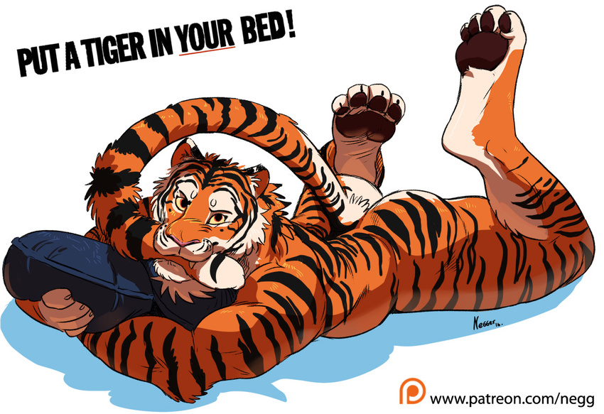 2016 anthro back_muscles barefoot biceps black_fur brown_eyes butt claws english_text fangs feline fur looking_at_viewer lying male mammal muscular muscular_male negger nude orange_fur pillow shadow signature simple_background solo stripes text tiger toe_claws white_background white_fur