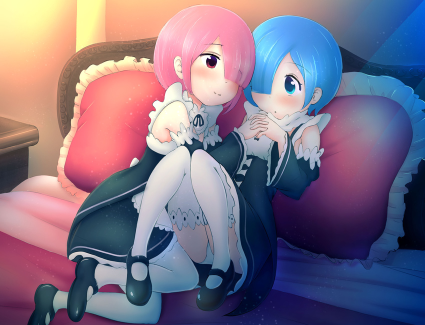 2girls bed blue_hair lying multiple_girls nightstand pillow pink_hair thesdros