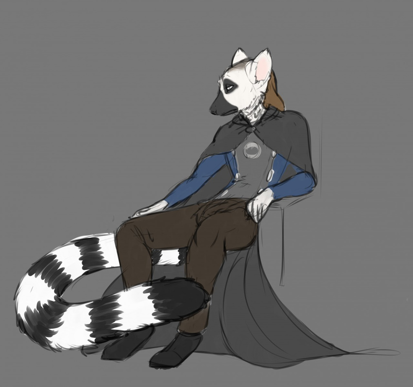 anthro cape clothing fur lemur male mammal primate simple_background sindaj sitting sketch solo striped_tail stripes