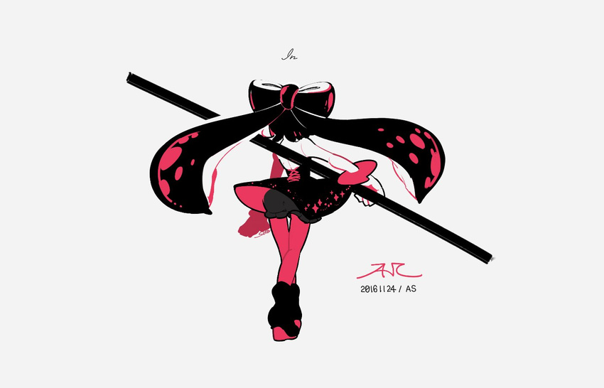 2016 alternate_costume ankle_boots aori_(splatoon) artist_name black_dress black_footwear black_hair boots bracelet circle_name dated dress from_behind full_body gloves holding jewelry long_hair pantyhose pumpkin_pants purple_legwear seto_(asils) short_dress signature solo splatoon_(series) splatoon_1 staff standing strapless strapless_dress tentacle_hair white_gloves