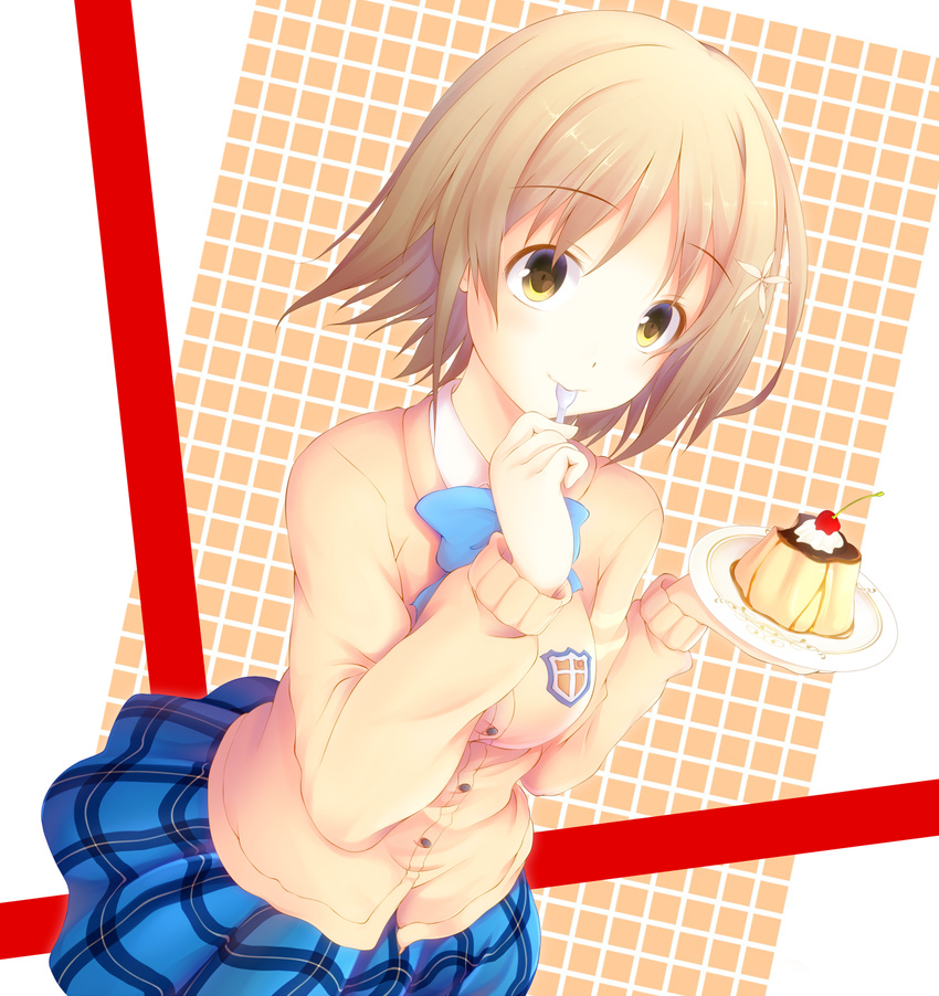 blue_ribbon blue_skirt breasts cardigan checkered checkered_background cherry commentary_request dutch_angle emblem flower food fruit hair_flower hair_ornament hajie highres idolmaster idolmaster_cinderella_girls light_brown_hair long_sleeves looking_at_viewer medium_breasts mimura_kanako plaid plaid_skirt plate pudding ribbon school_uniform short_hair skirt solo spoon spoon_in_mouth yellow_eyes