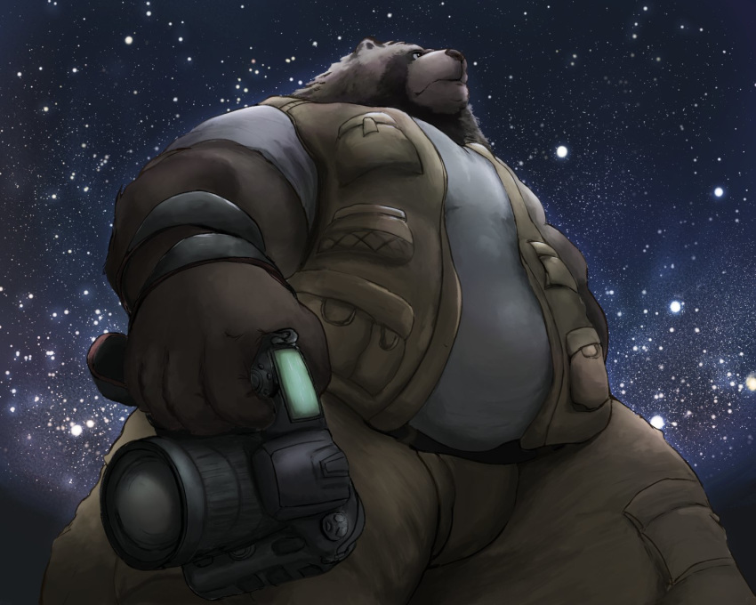 2018 anthro belly camera canine clothed clothing humanoid_hands male mammal night overweight overweight_male pants shirt solo star tanuki velcro74656