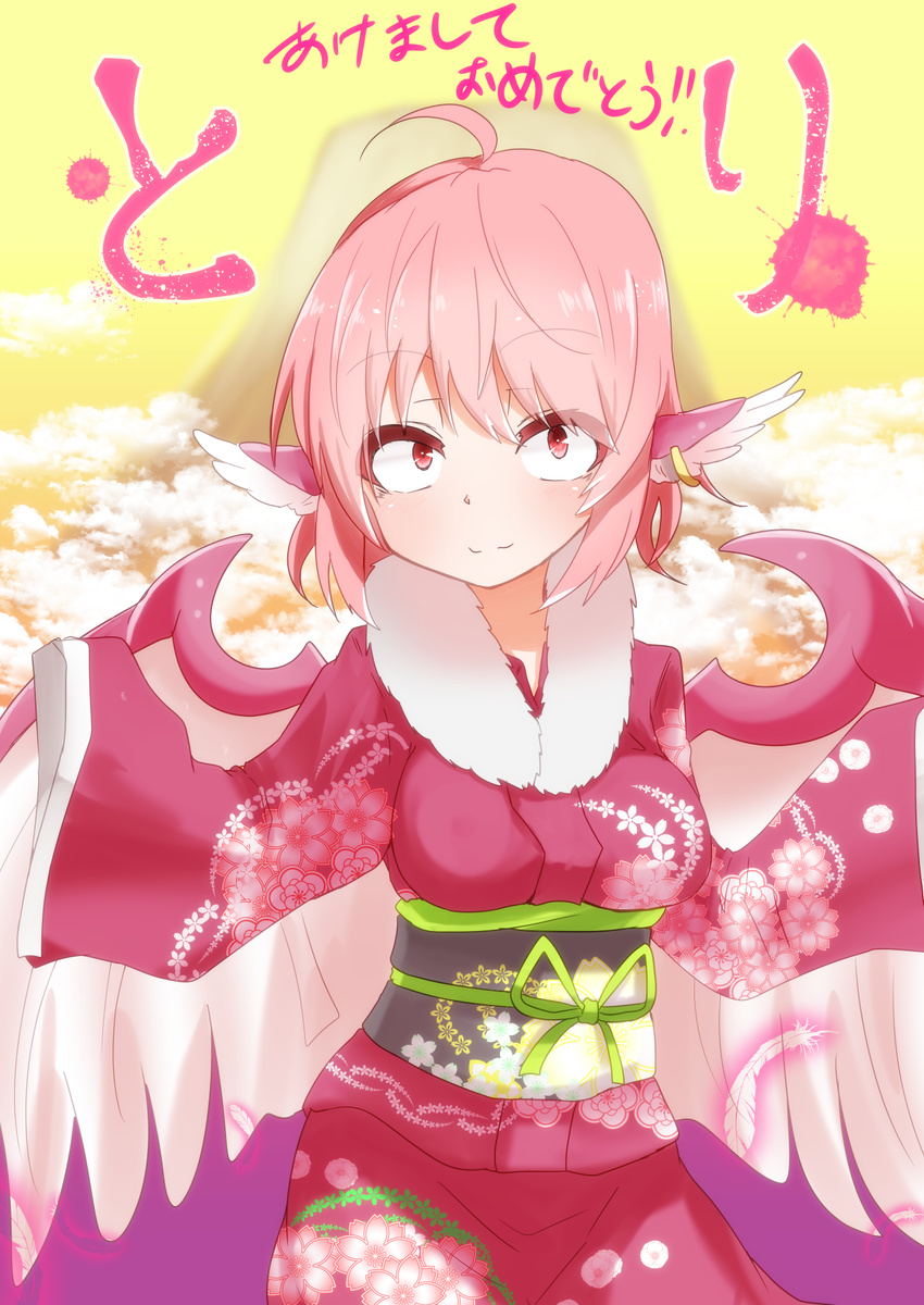 :3 ahoge animal_ears bird_wings blood blood_splatter blush breasts chinese_zodiac closed_mouth commentary_request happy_new_year highres japanese_clothes jewelry kimono looking_at_viewer medium_breasts mount_fuji mystia_lorelei narrowed_eyes new_year obi outstretched_arms pink_hair red_eyes sash short_hair single_earring sleeves_past_wrists smile solo spread_arms takorice touhou wings year_of_the_rooster