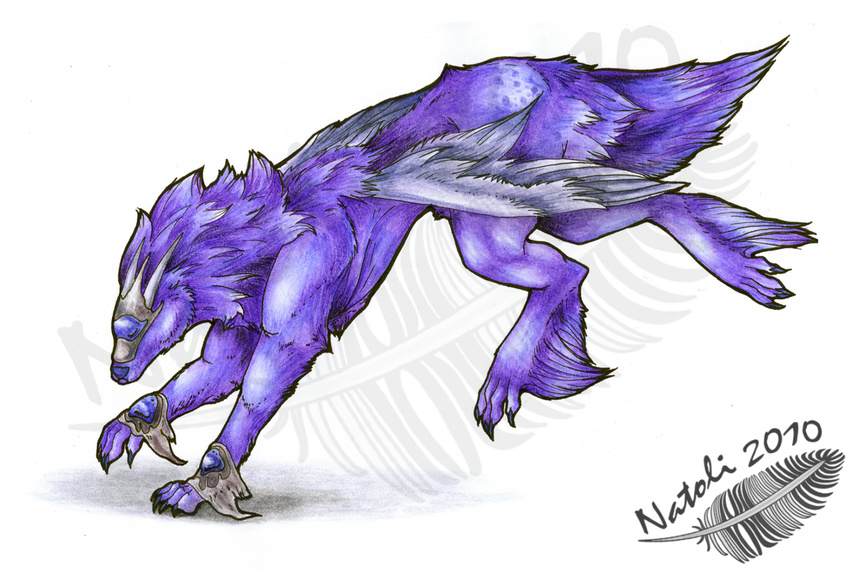 2010 ambiguous_gender canine claws eyes_closed feathered_wings feathers feral fur hybrid mammal natoli purple_fur simple_background solo traditional_media_(artwork) watermark white_background wings