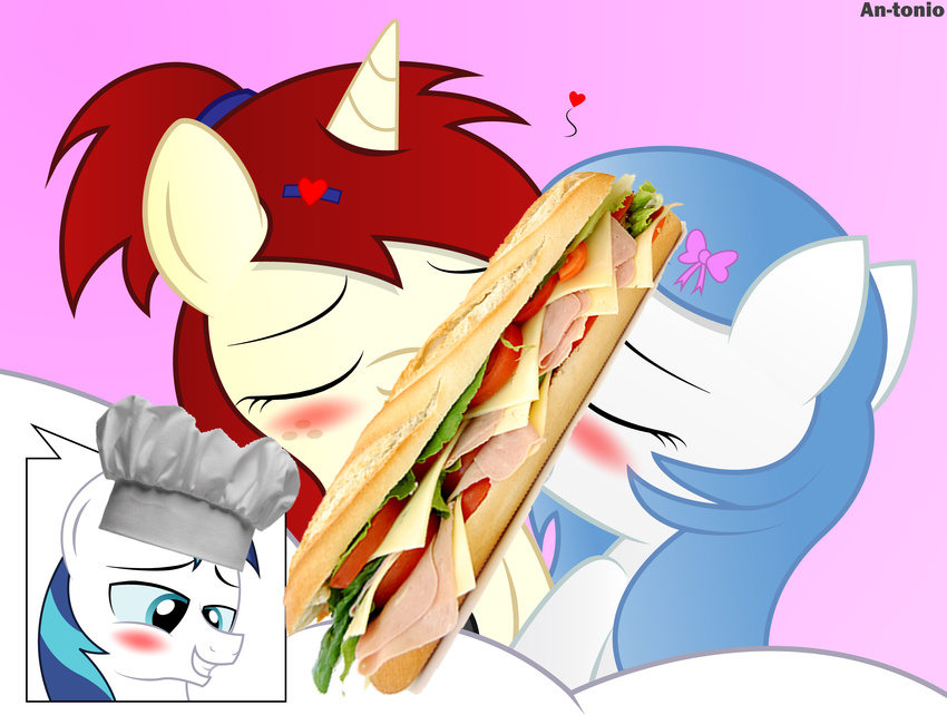 &lt;3 an-tonio blue_hair blush edit equine eyes_closed fan_character female food freckles friendship_is_magic hair half-closed_eyes hat horn male mammal my_little_pony red_hair sandwich_(food) shining_armor_(mlp) silver_draw smile teeth unicorn