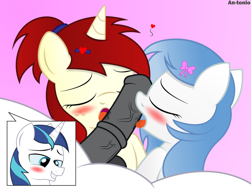 &lt;3 an-tonio balls blue_hair blush cub equine erection eyes_closed fan_character fellatio female freckles friendship_is_magic group group_sex hair half-closed_eyes horn licking male male/female mammal multicolored_hair my_little_pony open_mouth oral penis penis_lick red_hair saliva sex shining_armor_(mlp) silver_draw smile teeth tongue tongue_out unicorn vein young
