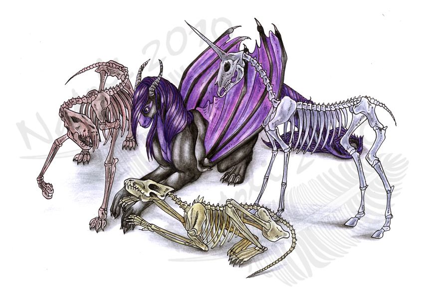 2010 ambiguous_gender bone claws dragon feral hair lying membranous_wings natoli nude purple_hair simple_background skeleton standing traditional_media_(artwork) watermark white_background wings