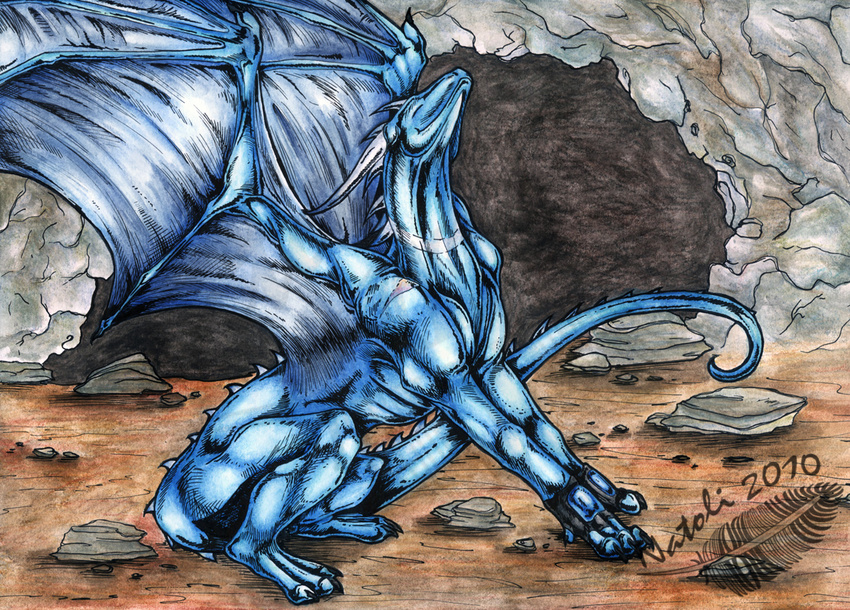 2010 ambiguous_gender blue_skin claws detailed_background dragon eyes_closed feral horn membranous_wings natoli nude outside smile solo traditional_media_(artwork) watermark wings