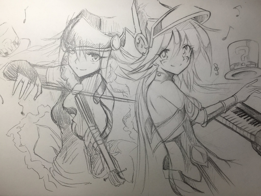 2girls artist_request bare_shoulders breasts dark_magician_girl duel_monster female gagaga_girl hat large_breasts long_hair looking_at_viewer magical_girl monochrome multiple_girls photo smile traditional_media wizard_hat yu-gi-oh!