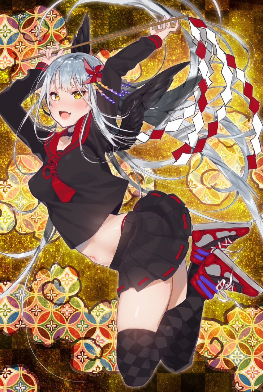 :d arms_up bird black_legwear blush breasts crop_top crop_top_overhang crow fang highres long_hair looking_at_viewer medium_breasts midriff navel nito_(siccarol) open_mouth original pleated_skirt school_uniform serafuku shiny shiny_skin shippou_(pattern) shoes silver_hair skindentation skirt smile sneakers solo thighhighs very_long_hair yellow_eyes