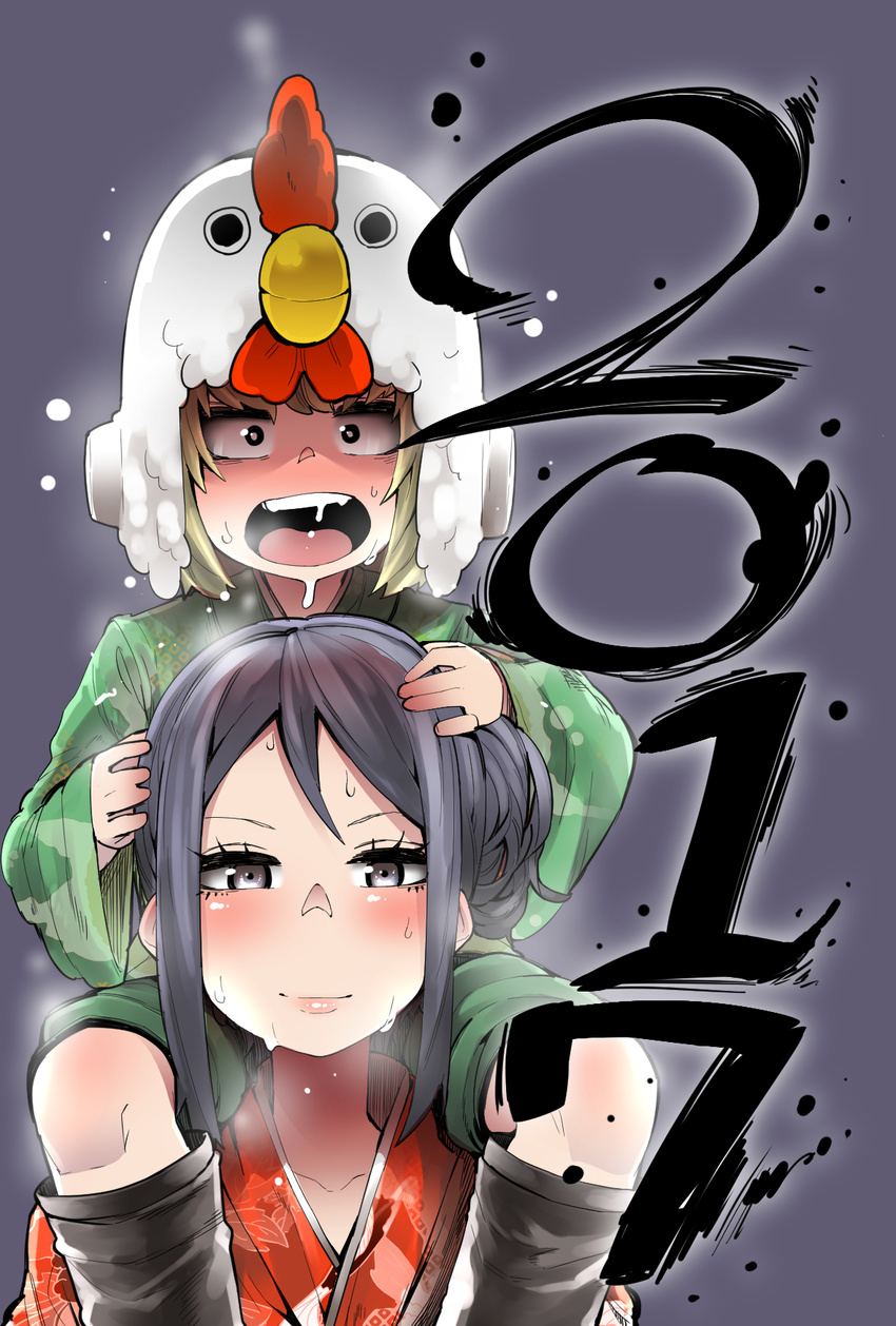 2girls bird black_hair blonde_hair blush boots carrying chicken chicken_costume chinese_zodiac commentary_request girls_und_panzer green_kimono grey_background grey_eyes hair_up hairband hand_on_another's_head hat helmet highres japanese_clothes katyusha kimono leaf_print long_hair long_sleeves looking_at_viewer multiple_girls new_year nonna open_mouth red_kimono short_hair short_kimono shoulder_carry smile snow snowing translation_request wet wet_clothes wide_sleeves year_of_the_rooster yonyon_(yotayota_honpo)