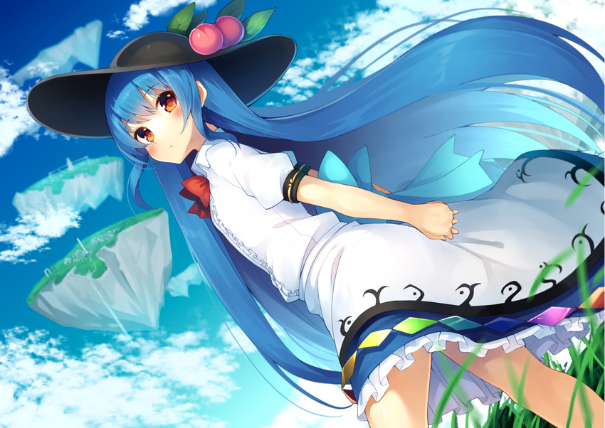 arms_behind_back bangs black_hat blue_bow blue_hair blue_sky blurry blush bow bowtie center_frills cloud cowboy_shot day depth_of_field dress dutch_angle eyebrows_visible_through_hair floating floating_island food frilled_skirt frills from_below fruit grass gurasion_(gurasion) hands_clasped hat hinanawi_tenshi leaf long_hair looking_at_viewer looking_down orange_eyes outdoors own_hands_together peach puffy_short_sleeves puffy_sleeves rainbow_order red_bow red_neckwear ribbon short_sleeves skirt sky solo touhou very_long_hair water waterfall white_dress wind