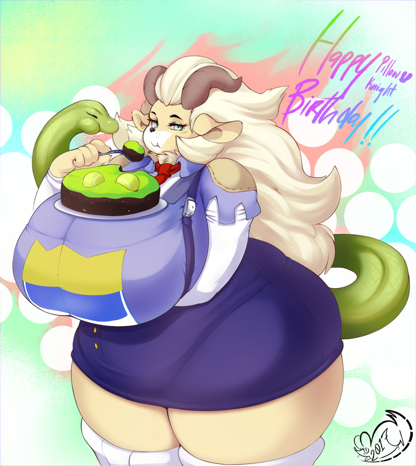 2016 anthro big_breasts black_nose breasts brown_fur cake claws clothed clothing eating eyes_closed female food fur green_eyes green_skin hair hi_res horn huge_breasts long_hair looking_at_viewer meganemausu necktie reptile scalie shirt snake standing suspenders thick_thighs tight_clothing unknown_species voluptuous white_fur white_hair