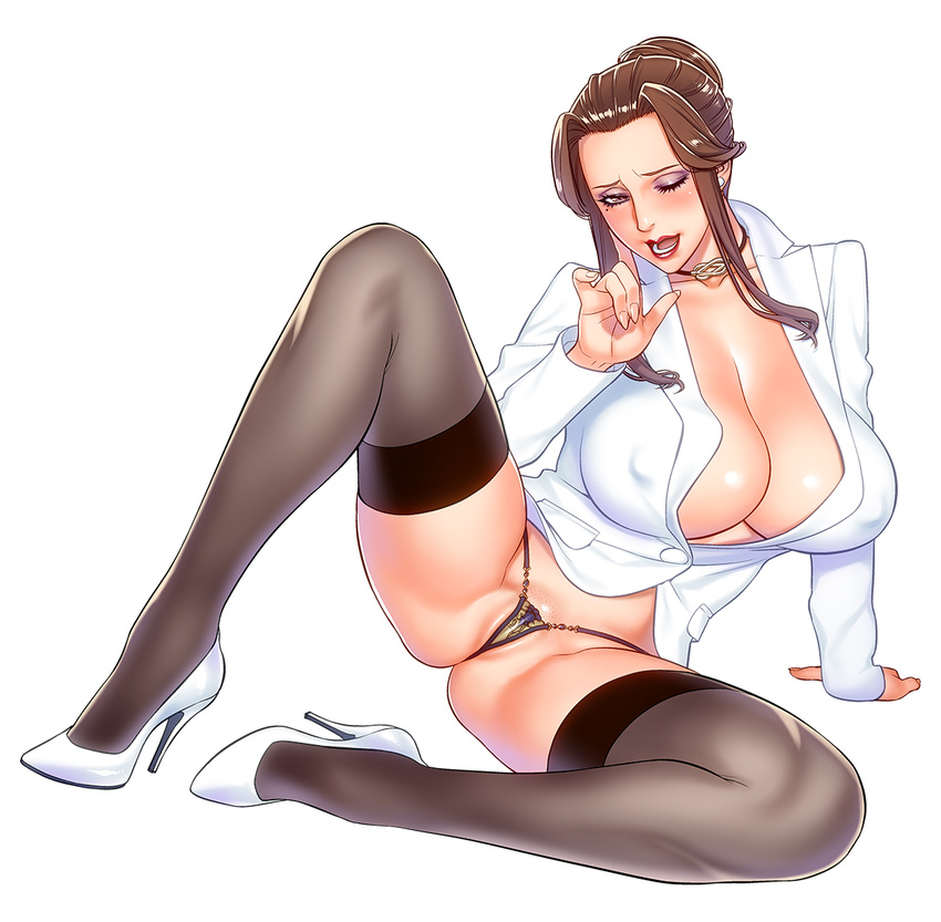 breasts erect_nipples g-string high_heels huge_breasts legs mature milf miniskirt motchie nipples skirt skirt_suit spread_legs thighhighs thighs thong white_background