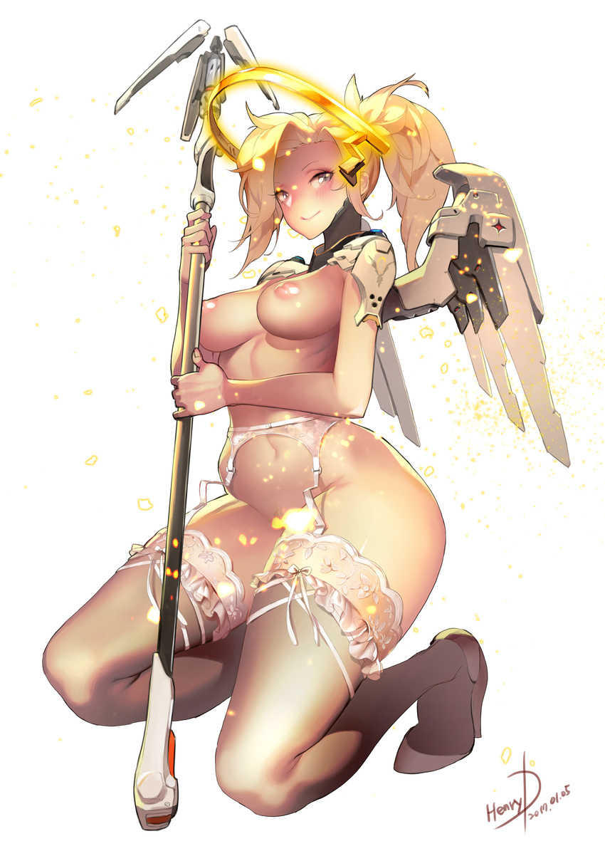 2017 absurdres artist_name blonde_hair blue_eyes blush bra closed_mouth dated eyelashes fingernails frilled_legwear frills full_body garter_belt headgear henry_davis high_heels highres holding holding_staff holding_weapon kneeling lace lace-trimmed_bra lace-trimmed_thighhighs light_particles loincloth long_hair mechanical_halo mechanical_wings mercy_(overwatch) navel overwatch pauldrons pelvic_curtain ponytail signature simple_background smile solo staff thighhighs underwear weapon white_background white_legwear wing_print wings