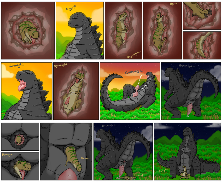 anal_vore animal_genitalia anus black_scales brown_scales butt claws comic cum dinosaur forest gaping gaping_anus godzilla godzilla_(series) internal livinlovindude macro masturbation mountain night open_mouth outside penis puffy_anus pushed_out raised_tail reptile scales scalie sitting size_difference sunset theropod tree tyrannnosaurus_rex vore