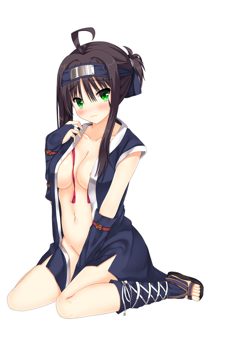 absurdres ahoge black_hair breasts cleavage commentary_request elbow_gloves fingerless_gloves flower forehead_protector full_body gloves green_eyes hair_flower hair_ornament highres hitachi_mako japanese_clothes kugatsu_tooka large_breasts long_hair looking_at_viewer navel scarf senren_banka sitting solo stomach wariza