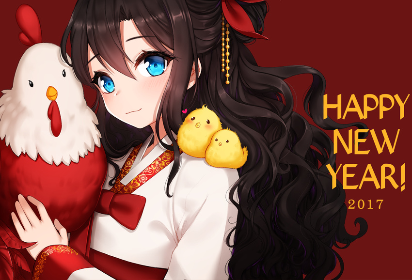 1girl 2017 ango bangs bird blue_eyes blush brown_hair chick chicken eyebrows_visible_through_hair hair_between_eyes hair_ornament happy_new_year hard_translated heart highres holding japanese_clothes kimono light_smile long_hair new_year on_shoulder original rooster solo translated upper_body wavy_hair white_kimono