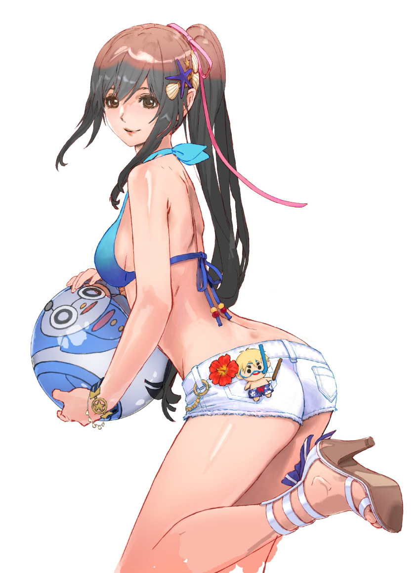 1girl ass black_hair breasts brown_eyes brown_hair commentary_request edge_maverick gloves groin high_heels highres long_hair looking_at_viewer medium_breasts multicolored_hair ponytail saionji_reimi shorts sideboob smile solo star star_ocean star_ocean_the_last_hope swimsuit yasuda_akira