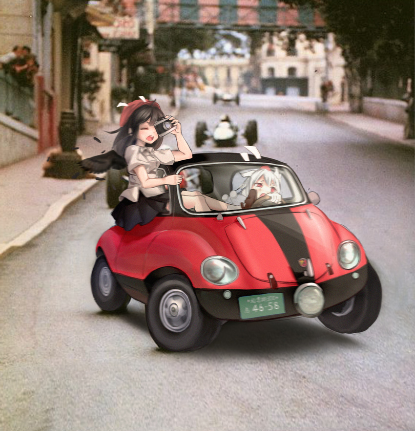 :d absurdres animal_ears black_skirt black_wings brown_footwear building camera car commentary_request feathered_wings feathers ground_vehicle hat highres holding holding_camera inubashiri_momiji joeychen mary_janes motor_vehicle multiple_girls open_mouth outdoors pleated_skirt pom_pom_(clothes) puffy_short_sleeves puffy_sleeves racing red_hat road shameimaru_aya shirt shoes short_hair short_sleeves sitting skirt smile socks street taking_picture teeth tokin_hat touhou white_hair wings wolf_ears