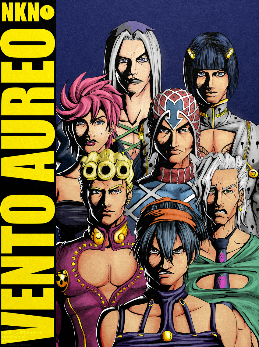 6+boys absurdres artist_name black_hair black_lipstick blonde_hair blue_eyes bob_cut breasts bruno_buccellati choker collarbone commentary derivative_work earrings english_commentary food frown fruit giorno_giovanna grimace guido_mista hair_ornament hairclip highres huge_filesize jewelry jojo_no_kimyou_na_bouken leone_abbacchio lipstick long_hair makeup medium_breasts mole multiple_boys narancia_ghirga necktie nikunja oldschool pannacotta_fugo parody pectorals pink_hair pink_lipstick purple_eyes serious short_hair silver_hair smile strapless strawberry stud_earrings style_parody trish_una tubetop turtleneck vento_aureo watchmen zipper