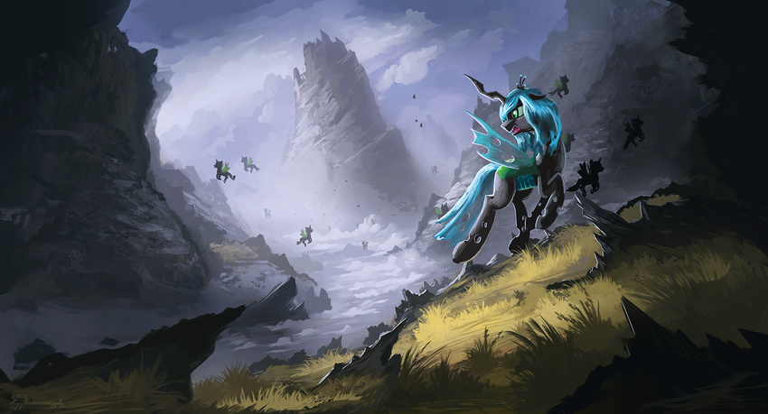 2017 black_skin blue_hair changeling day detailed_background female feral friendship_is_magic grass group hair hooves horn insect_wings my_little_pony nude outside queen_chrysalis_(mlp) shamanguli sky smile wings