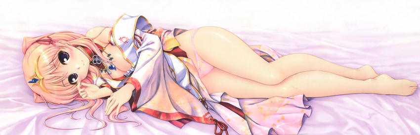 absurdres barefoot bed_sheet bekkankou black_eyes blonde_hair breasts cleavage eyebrows_visible_through_hair full_body hair_ornament hair_ribbon highres huge_filesize long_hair looking_at_viewer lying medium_breasts miyaguni_akari on_side panties pink_panties red_ribbon ribbon sen_no_hatou_tsukisome_no_kouki shiny shiny_skin smile solo underwear