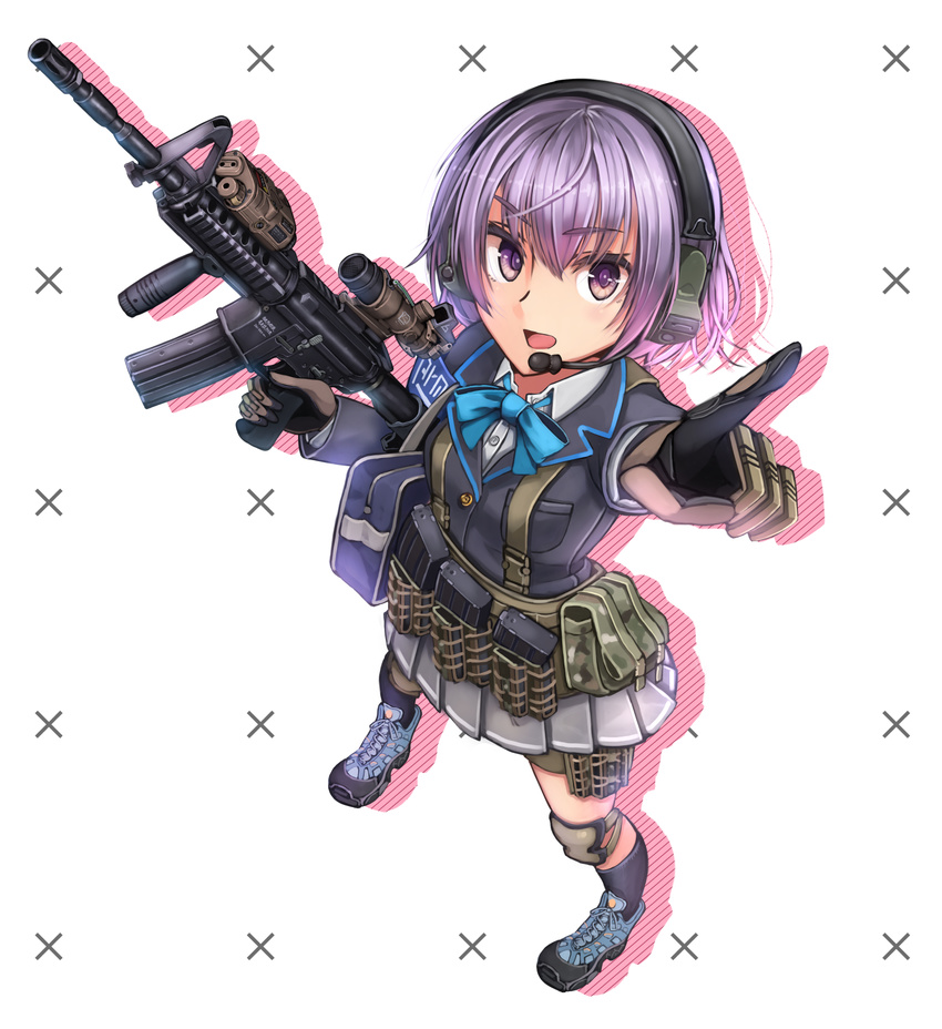 acog ammunition_pouch asato_miyo assault_rifle dreadtie full_body gloves gun headset highres holding holding_gun holding_weapon knee_pads little_armory load_bearing_equipment m4_carbine magazine_(weapon) pouch purple_eyes purple_hair rifle short_hair solo vertical_foregrip weapon