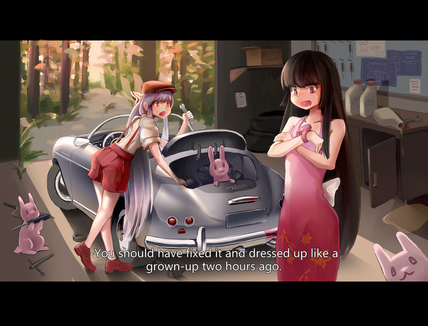 :3 absurdres adapted_costume alternate_costume alternate_hairstyle animal bangs bare_shoulders black_hair brown_hair bunny car collarbone crossed_arms dress english forest fujiwara_no_mokou garage ground_vehicle hat highres hime_cut holding houraisan_kaguya joeychen lavender_hair letterboxed long_dress long_hair looking_at_watch motor_vehicle multiple_girls nature ponytail puffy_short_sleeves puffy_sleeves red_footwear red_shorts screwdriver shirt shoes short_sleeves shorts sidelocks sleeveless sleeveless_dress subtitled suspenders talking tire touhou tree very_long_hair watch wrench wristwatch