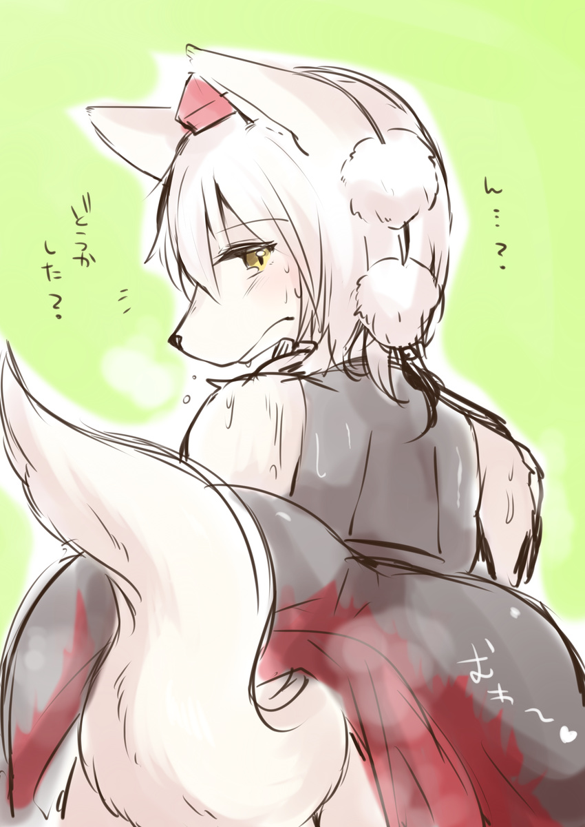 alternate_species ambiguous_gender butt canine clothed clothing furrification hat japanese_text mammal momiji_inubashiri simple_background solo sweat text tokin_hat touhou translated wolf yellow_background