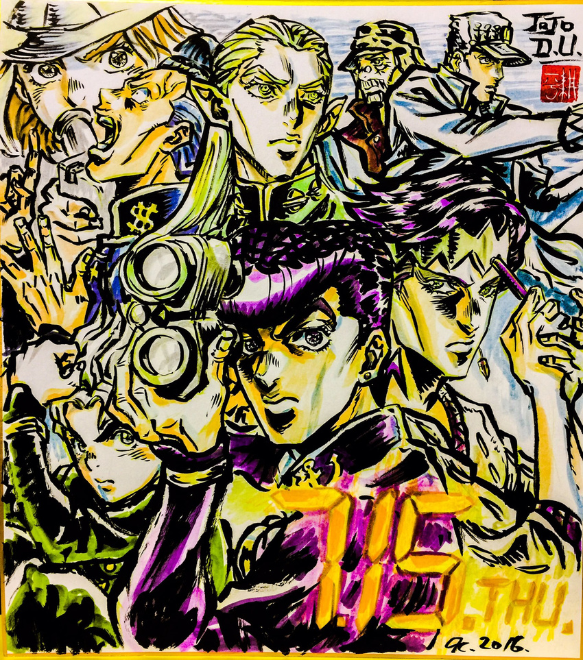 ashiya_kouhei beard binoculars black_eyes blonde_hair blue_hair brown_hair coat dated dollar_sign earrings facial_hair glasses green_eyes hat hazekura_mikitaka headband higashikata_jousuke highres hirose_kouichi jewelry jojo_no_kimyou_na_bouken joseph_joestar kawajiri_hayato kishibe_rohan kuujou_joutarou long_hair multicolored_hair nijimura_okuyasu open_mouth pen pointy_ears pompadour purple_hair signature silver_hair stud_earrings two-tone_hair yellow_eyes