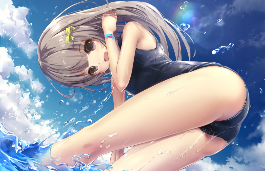 adjusting_hair bare_arms bow cameltoe cloud commentary_request day from_below hair_ribbon highres long_hair looking_at_viewer missile228 one-piece_swimsuit original revision ribbon school_swimsuit sky smile solo splashing swimsuit wading water water_drop wet wristband