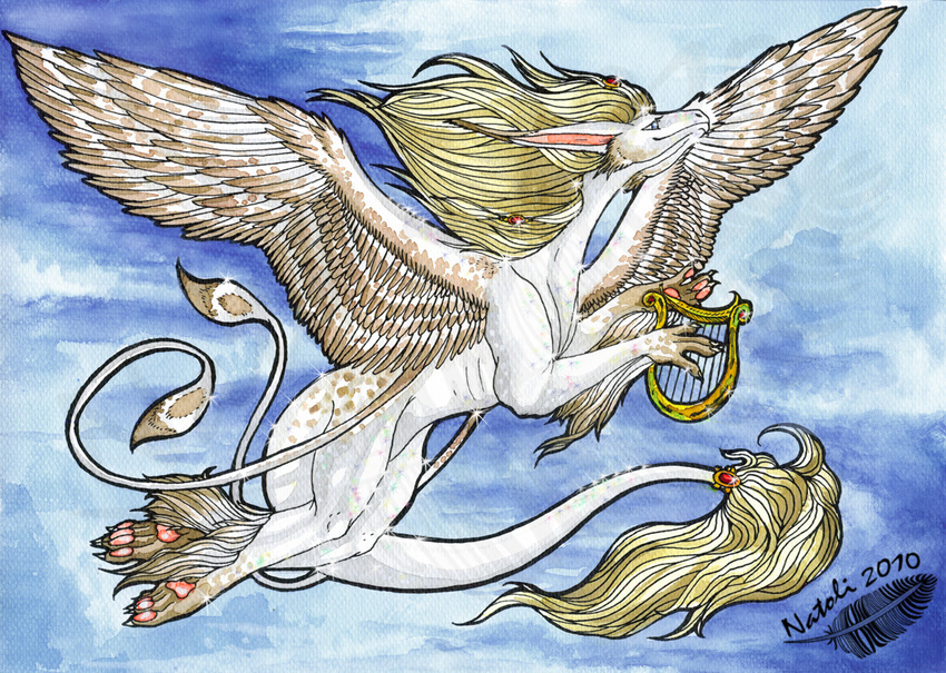 2010 ambiguous_gender blonde_hair claws dragon feathered_dragon feathered_wings feathers feral fur furred_dragon hair harp musical_instrument natoli nude outside pawpads sky smile solo traditional_media_(artwork) watermark white_feathers white_fur wings