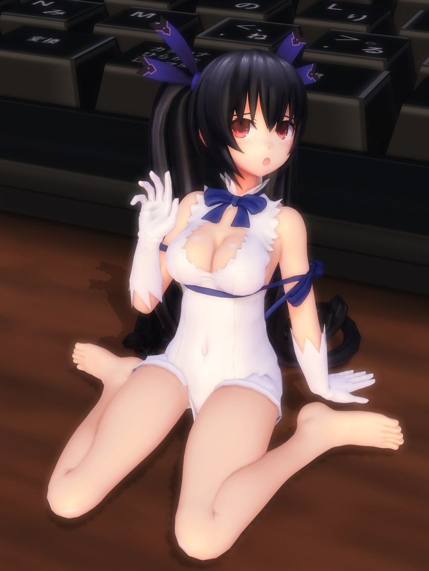 1girl 3d black_hair choujigen_game_neptune cleavage_cutout cosplay dungeon_ni_deai_wo_motomeru_no_wa_machigatteiru_darou_ka hair_ornament hestia_(danmachi) hestia_(danmachi)_(cosplay) neptune_(series) noire red_eyes solo twintails