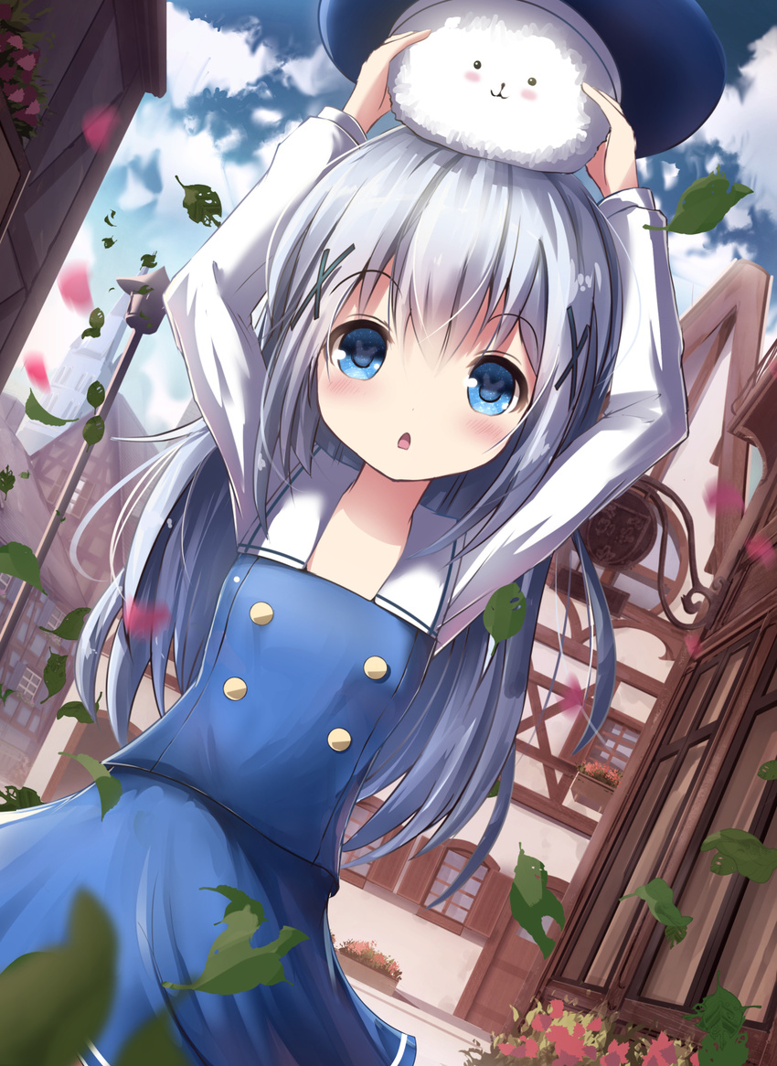 :3 bangs beret blue_eyes blue_shirt blue_skirt blue_sky blush breasts bunny-shaped_pupils chestnut_mouth cloud cloudy_sky commentary_request day dutch_angle eyebrows_visible_through_hair flower gochuumon_wa_usagi_desu_ka? hair_ornament hat highres kafuu_chino kafuu_chino's_school_uniform lamppost leaf long_hair long_sleeves looking_at_viewer missile228 on_head outdoors parted_lips petals sailor_collar school_uniform shirt silver_hair skirt sky small_breasts solo symbol-shaped_pupils tippy_(gochiusa) town triangle_mouth x_hair_ornament