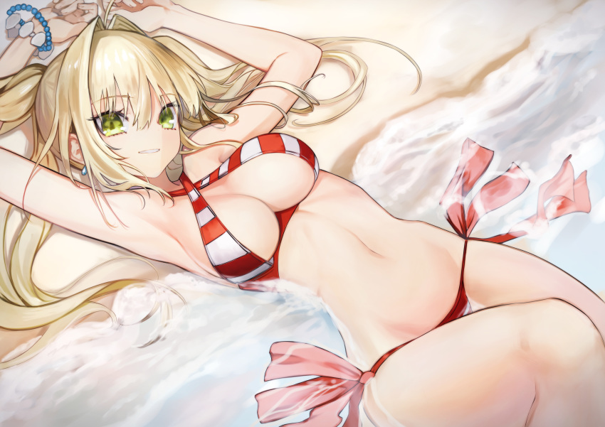 1girl absurdres ahoge armpits arms_up beach bikini blonde_hair bracelet breasts cleavage criss-cross_halter earrings eyebrows_visible_through_hair fate/grand_order fate_(series) from_above green_eyes hair_intakes halterneck highres jewelry looking_at_viewer lying medium_breasts mins_(minevi) navel nero_claudius_(fate)_(all) nero_claudius_(swimsuit_caster)_(fate) on_back paid_reward parted_lips partially_submerged patreon_reward side-tie_bikini smile solo striped striped_bikini swimsuit water