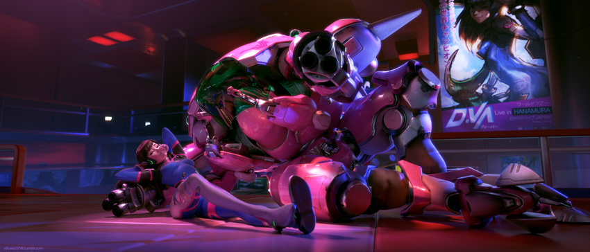 3d absurdres against_mecha animal_print arm_cannon arms_behind_head bodysuit boots breasts brown_hair bubble_blowing bunny_print character_name chewing_gum commentary d.va_(overwatch) ellowas facepaint facial_mark fence gatling_gun gloves gun half-closed_eyes headphones highres indoors leaning_back long_hair looking_at_viewer mecha meka_(overwatch) on_floor outstretched_leg overwatch pilot_suit poster_(object) reclining ribbed_bodysuit shoulder_pads sitting skin_tight small_breasts solo thigh_boots thigh_strap thighhighs turtleneck weapon whisker_markings white_footwear white_gloves