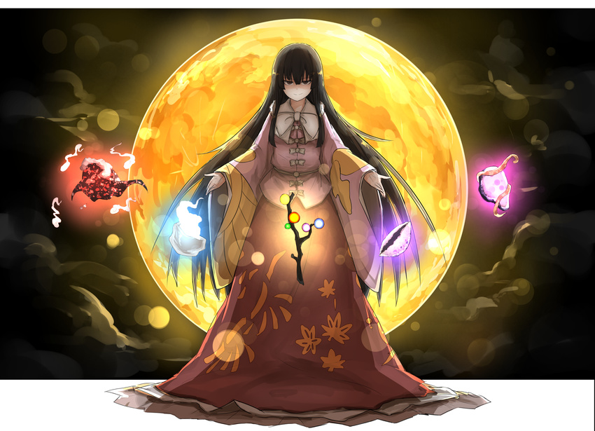 &gt;:) backlighting black_eyes black_hair blouse bow bowtie branch closed_mouth full_body full_moon highres hime_cut houraisan_kaguya jeweled_branch_of_hourai kan_(aaaaari35) long_hair long_skirt long_sleeves looking_at_viewer moon night pink_blouse red_skirt shaded_face sidelocks skirt smile solo standing touhou tsurime v-shaped_eyebrows very_long_hair white_bow white_neckwear wide_sleeves