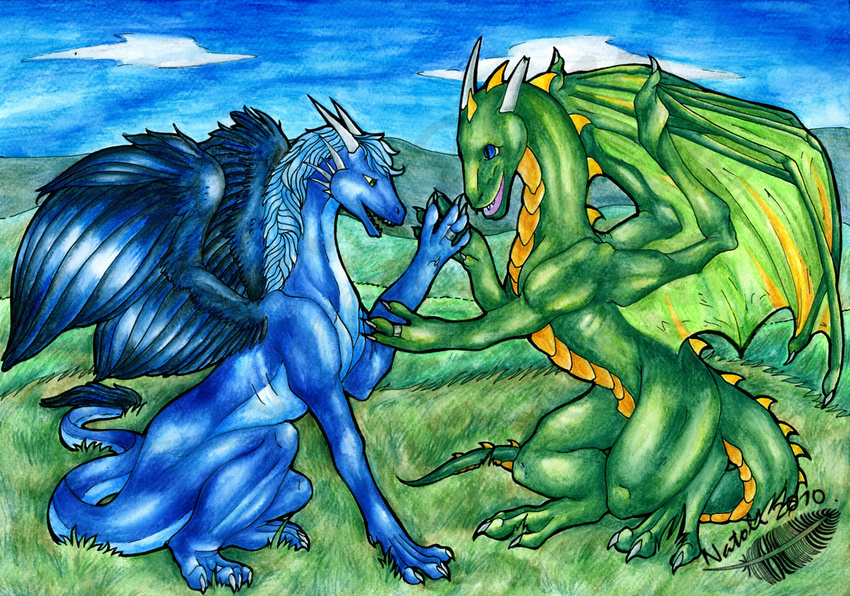 2010 blue_eyes blue_hair claws day detailed_background dragon duo feathered_dragon feathered_wings feathers feral grass hair membranous_wings natoli nude outside sitting sky smile traditional_media_(artwork) watermark wings