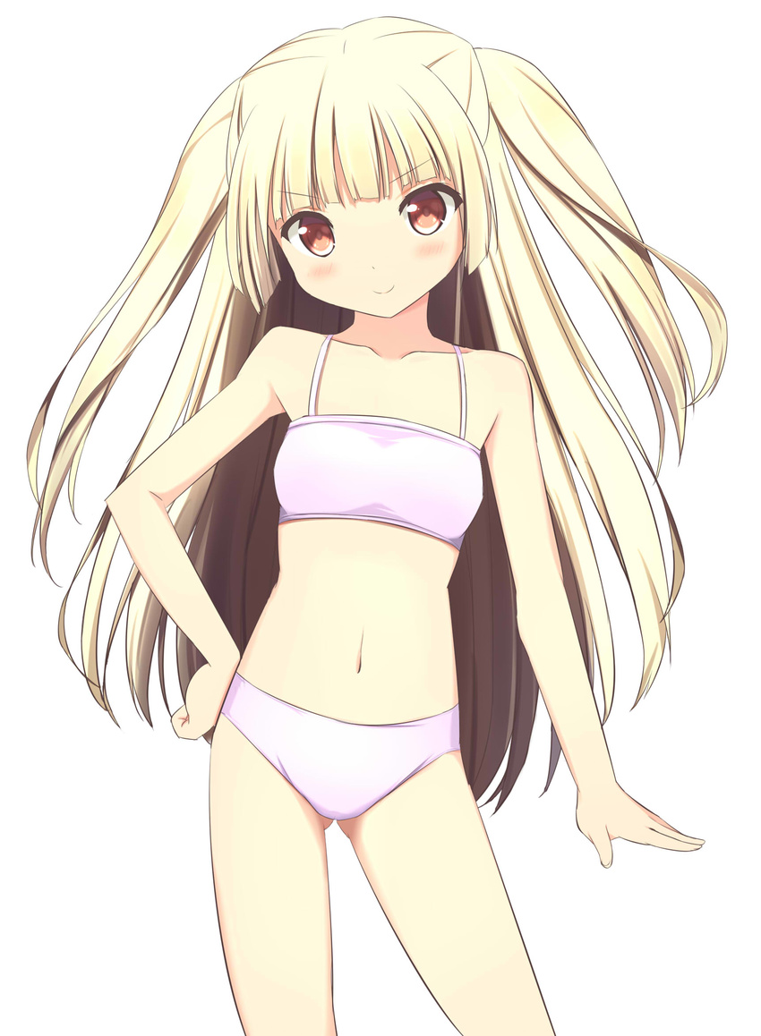 &gt;:) ass_visible_through_thighs bangs bikini blonde_hair blush breasts closed_mouth collarbone cowboy_shot eyebrows_visible_through_hair hand_on_hip highres long_hair looking_at_viewer navel original pink_bikini red_eyes simple_background small_breasts smile solo sora46 spaghetti_strap standing swimsuit thighs two_side_up v-shaped_eyebrows white_background
