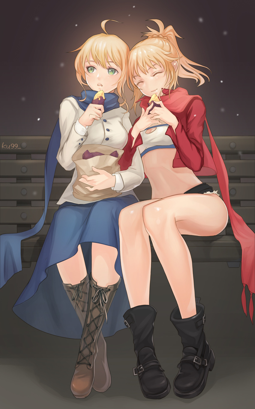 ^_^ absurdres ahoge artoria_pendragon_(all) bag bandeau bench black_footwear blonde_hair boots breasts brown_footwear cleavage closed_eyes cropped_jacket cross-laced_footwear crossed_legs eating fate/apocrypha fate/grand_order fate/stay_night fate_(series) food green_eyes highres jacket knees_together ku99_(kugugu) lace-up_boots medium_breasts midriff mordred_(fate) mordred_(fate)_(all) mother_and_daughter multiple_girls no_navel paper_bag park_bench saber scarf skirt small_breasts sweet_potato thighs winter