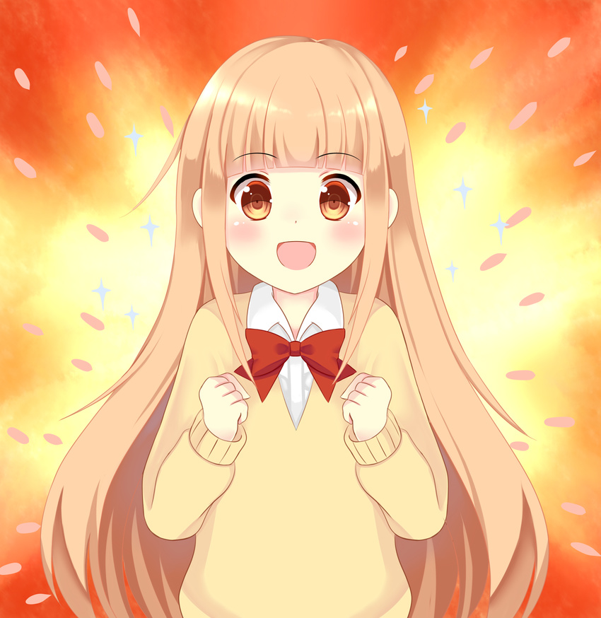 :d absurdres asusilver_(artist) bangs blonde_hair blunt_bangs blush bow bowtie brown_eyes clenched_hands collared_shirt eyebrows_visible_through_hair highres long_hair long_sleeves miyano_(tanakeda) open_mouth red_bow red_neckwear school_uniform shirt smile solo sparkle sweater tanaka-kun_wa_itsumo_kedaruge very_long_hair white_shirt wing_collar yellow_sweater
