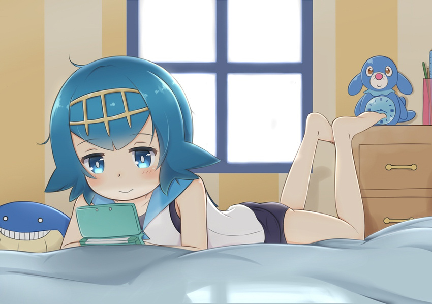 :&gt; ass bare_arms bare_legs barefoot bed bed_sheet blue_hair blue_sailor_collar blush clock commentary_request dragonthunderbolt feet gen_3_pokemon gen_7_pokemon hair_ornament half-closed_eyes handheld_game_console indoors legs lying messy_hair meta nintendo_3ds nintendo_ds objectification on_bed on_stomach playing_games pokemon pokemon_(creature) pokemon_(game) pokemon_sm popplio sailor_collar short_hair sleeveless smile solo suiren_(pokemon) swimsuit swimsuit_under_clothes the_pose themed_object wailmer window