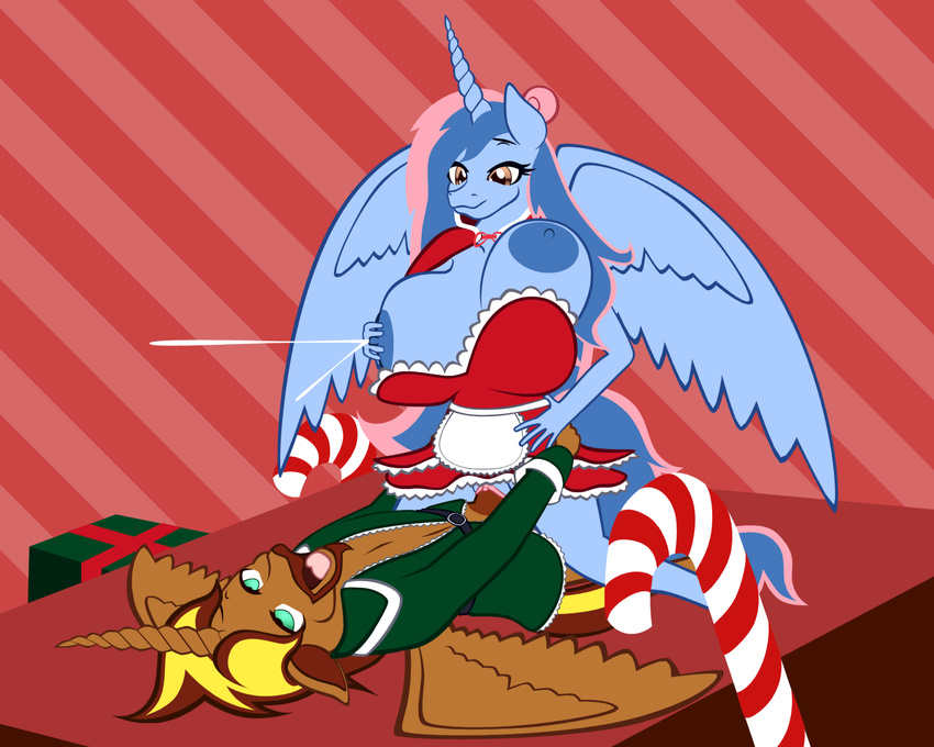 2016 ahegao anthro big_breasts bird_wings bouncing_breasts breasts christmas clitoris costume cowgirl_position elf equine fan_character female fibs holidays horn horse huge_breasts humanoid lactating looking_pleasured male male/female mammal mrs._claus my_little_pony on_top partial_nudity penis pony prince_cosmic_light princess_sorraia pussy sex winged_unicorn wings