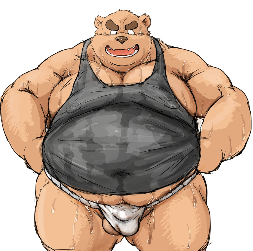 bear clothing fundoshi japanese_clothing kotobuki male mammal overweight overweight_male shirt solo sweat tank_top underwear