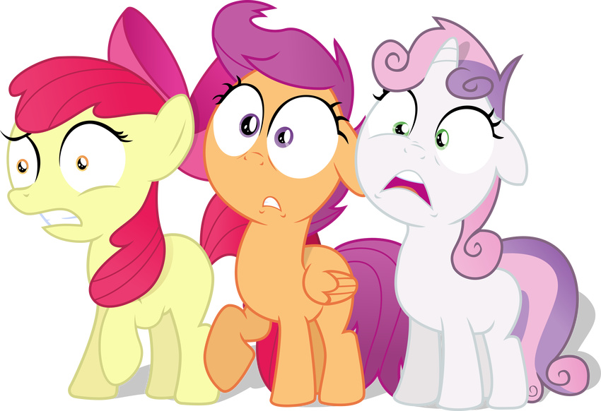 apple_bloom_(mlp) cutie_mark_crusaders_(mlp) disgusted earth_pony equine feathered_wings feathers female friendship_is_magic grimace group hair horn horse mammal multicolored_hair my_little_pony pegasus pony purple_hair red_hair scootaloo_(mlp) sweetie_belle_(mlp) teeth unicorn wings young