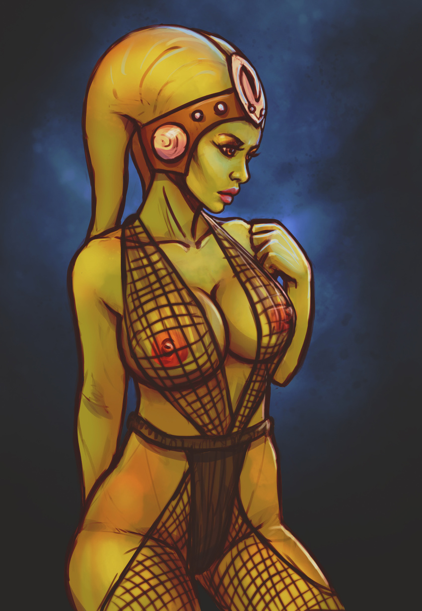 alien areola big_breasts boobsgames breasts clothed clothing female fishnet green_nipples green_skin head_tails hi_res humanoid nipples not_furry oola pose skimpy solo star_wars twi'lek
