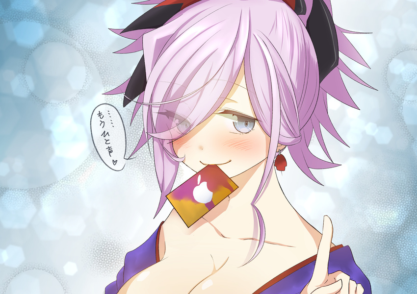 absurdres bad_id bad_pixiv_id blue_eyes blush breasts card_in_mouth cleavage earrings fate/grand_order fate_(series) gift_card hair_over_one_eye highres index_finger_raised itunes japanese_clothes jewelry kimono large_breasts looking_at_viewer miyamoto_musashi_(fate/grand_order) mouth_hold ponytail smile solo tanuki_(siutkm0228) translation_request